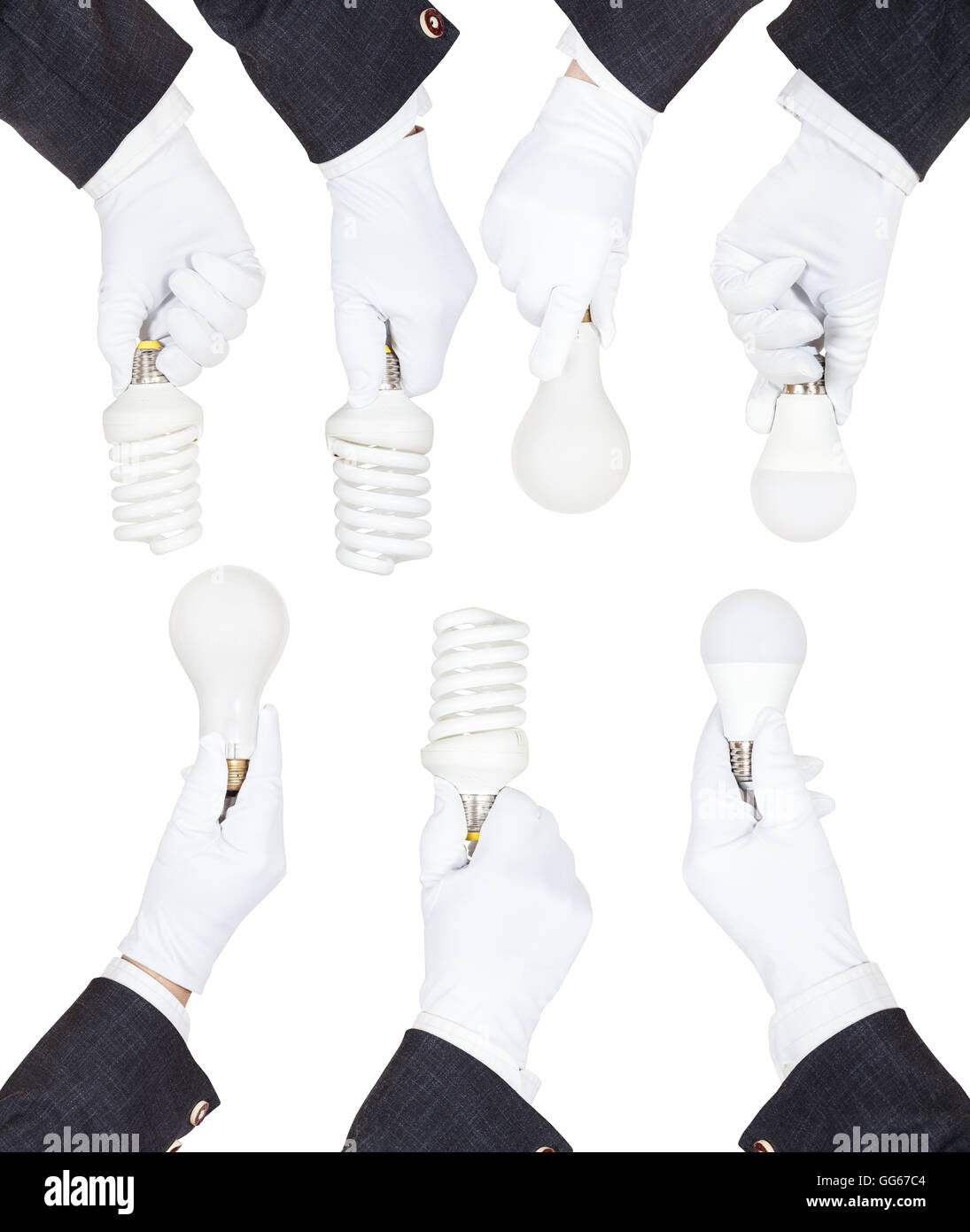 Reihe von Händen in Business-Anzügen und Textilhandschuhe halten verschiedener Lampen isoliert auf weißem Hintergrund Stockfoto