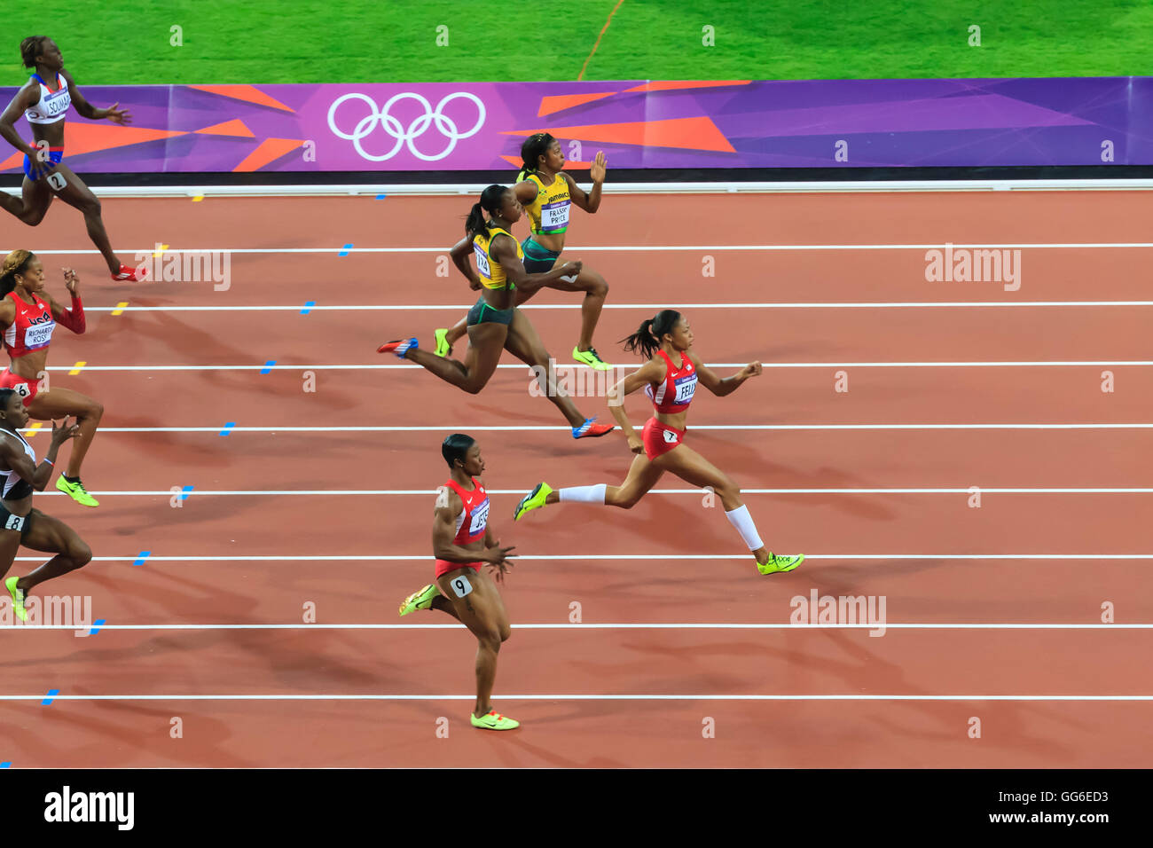 Allyson Felix, Vereinigte Staaten, Befugnisse, um die Goldmedaille zu gewinnen, Frauen 200m Finale, Stadion, London 2012, Olympische Spiele, London, UK Stockfoto