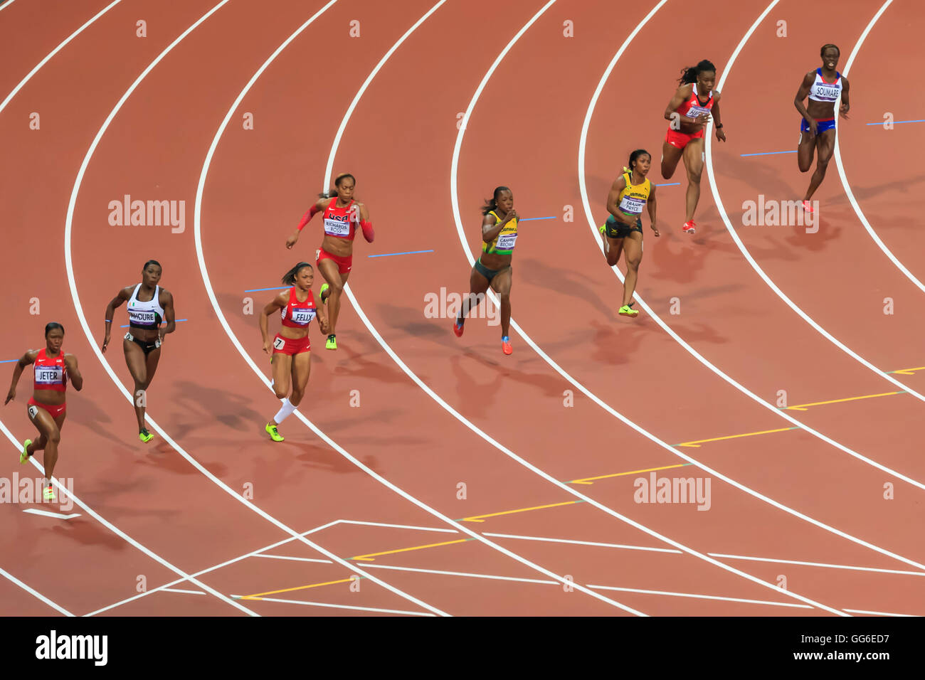 Finalisten Run der Biegung, Frauen 200m Finale, Olympiastadion, London 2012, Olympische Sommerspiele, London, England, Vereinigtes Königreich Stockfoto