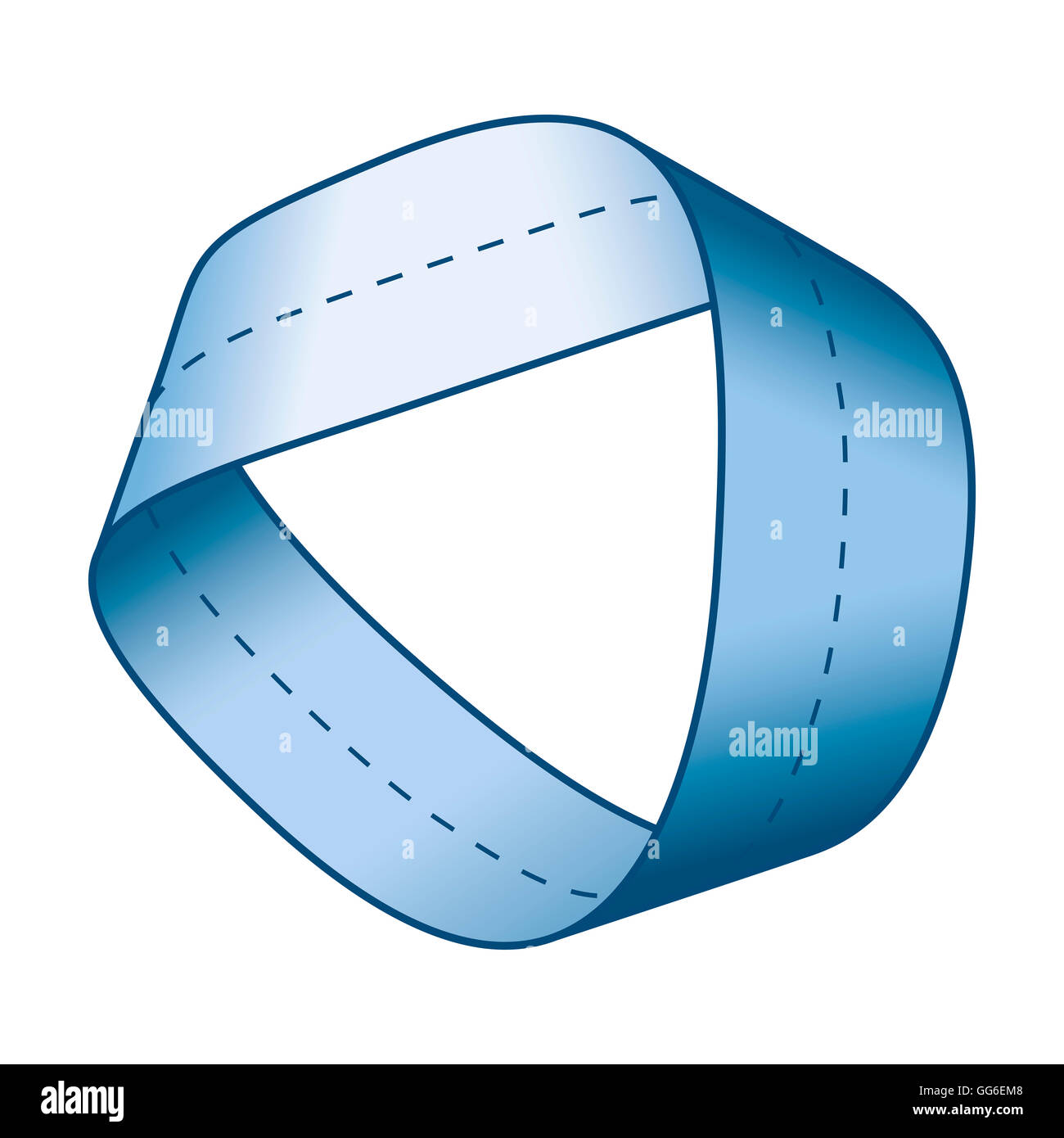 Blaue Möbiusband oder Mobius Band mit Mittellinie. Oberfläche mit nur einer Seite und eine Grenze. Stockfoto