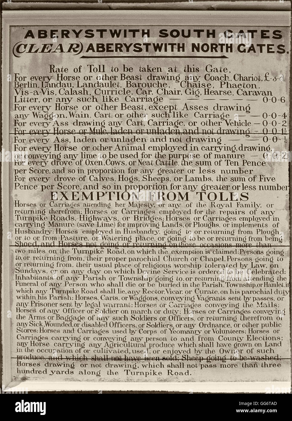 Detaillierte Liste der Mautgebühren auf der Seite des Aberystwith Toll House, National History Museum, St Ffagans, Cardiff, Wales, Cymru, Großbritannien Stockfoto