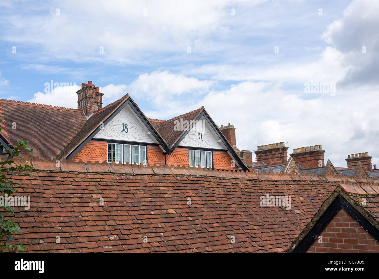 Viktorianische Dächer in den New Forest Stadt Lyndhurst, Hampshire, UK. Stockfoto