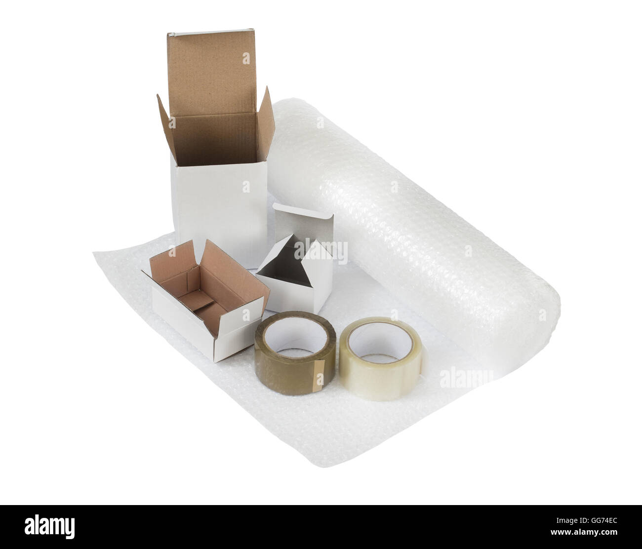 Set von Kartons, Luftpolsterfolie, Cellotape. Verpackung und Versand-Konzept Stockfoto