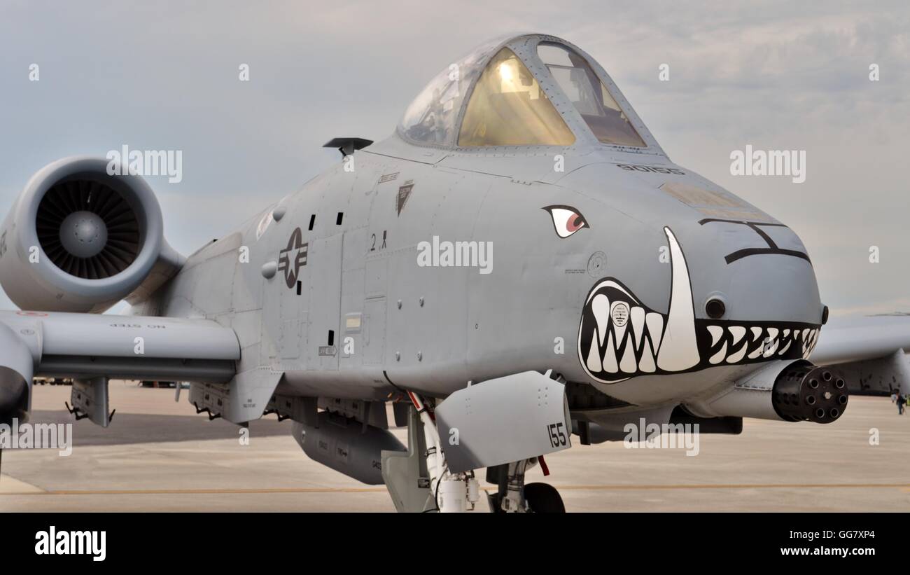 Eine Luftwaffe a-10 Warthog/Thunderbolt II Kampfjet geparkt auf einem Laufsteg Stockfoto