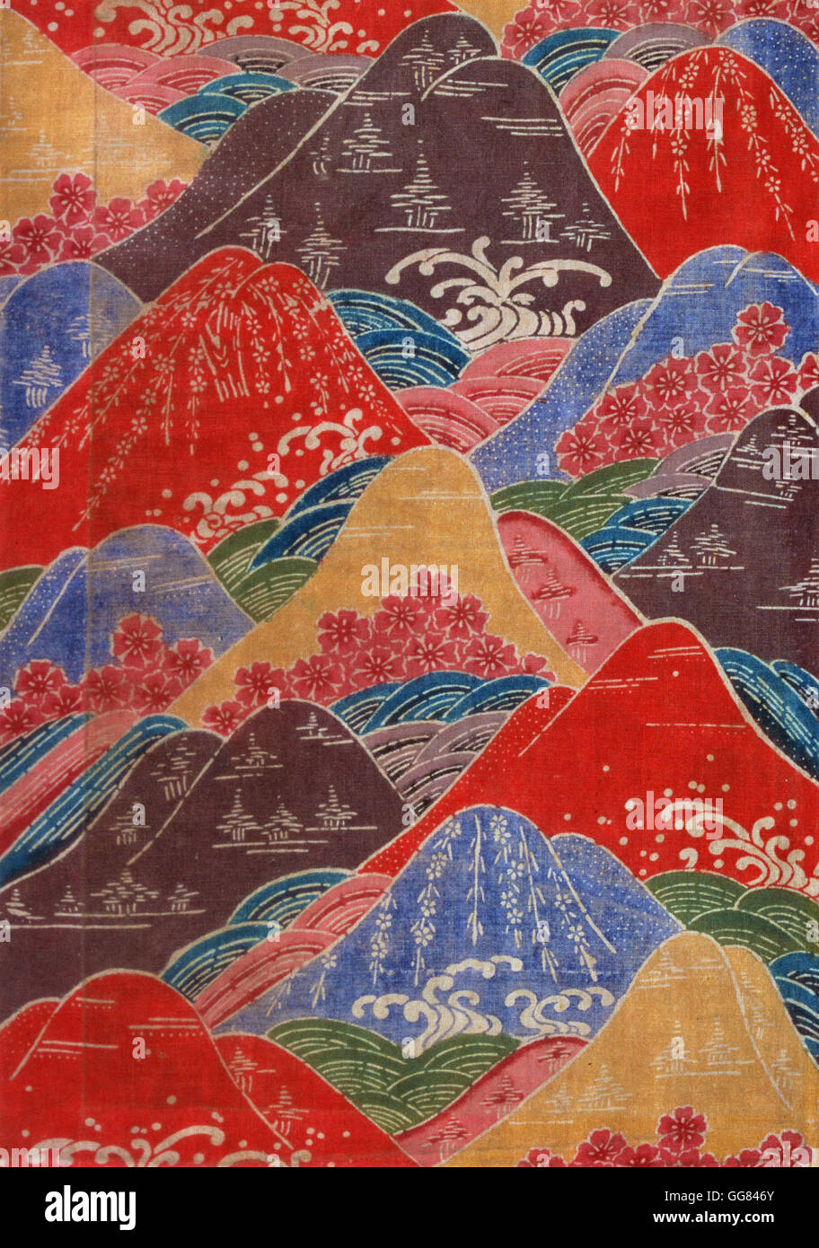 Bingata Textile Fragment-Kirschblüten, Wellen, Berge Motive Stockfoto