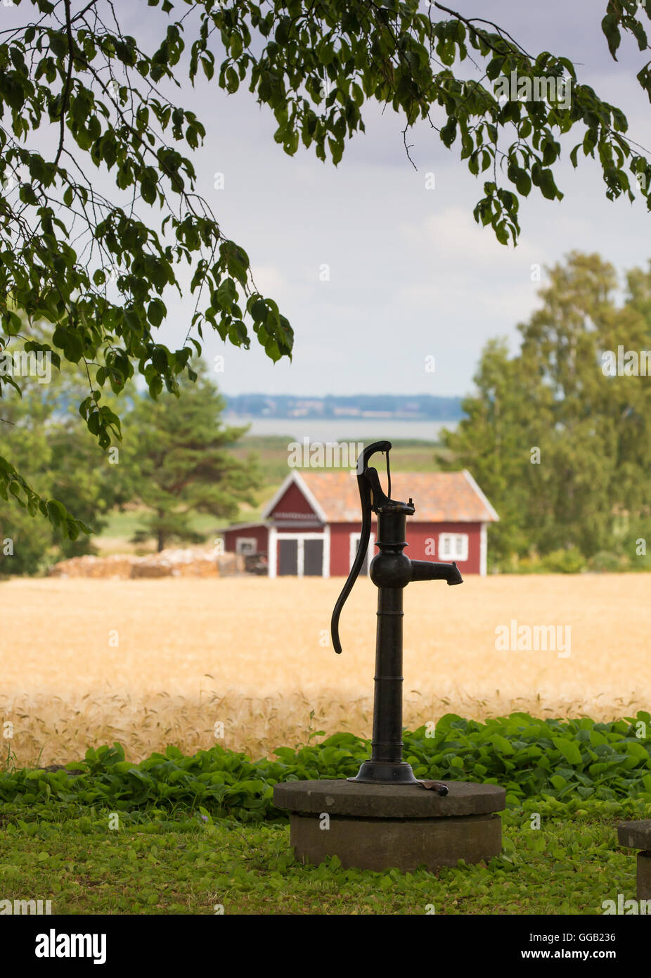 VADSTENA Schweden 26. Juli 2016. Eine typische alte Wasserpumpe auf dem Land, das wahrscheinlich nicht mehr benutzt wird, Stockfoto