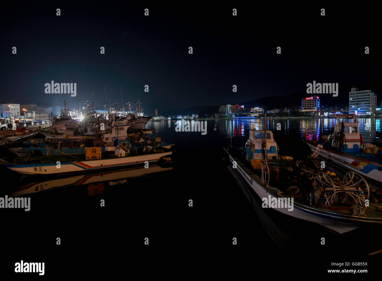 Busan Haeundae Ansicht bei Nacht am Fischerhafen Stockfoto