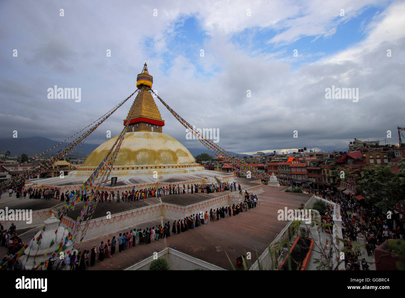 Die buddhistische Stupa von Boudhanath. Der alte Stupa ist eines der größten in der Welt.  Ab 1979 ist Boudhanath eine UNESCO-Worl Stockfoto