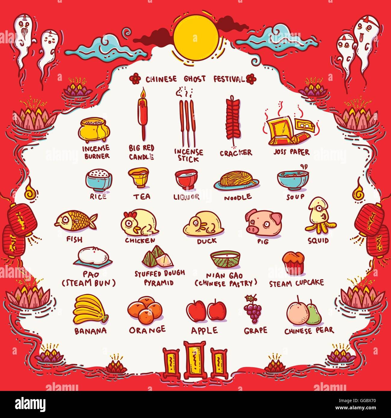 Vektor Illustration des chinesischen Ghost Festival Offerings.Traditional chinesischen Hungry Ghost Festival genannt. Stock Vektor