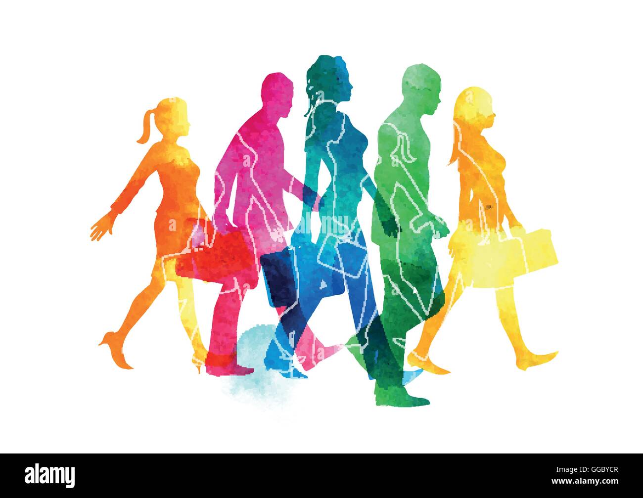 Eine Gruppe von beschäftigt Männer und Frauen Pendler in die Stadt zu Fuß. Aquarell-Vektor-Illustration. Stock Vektor