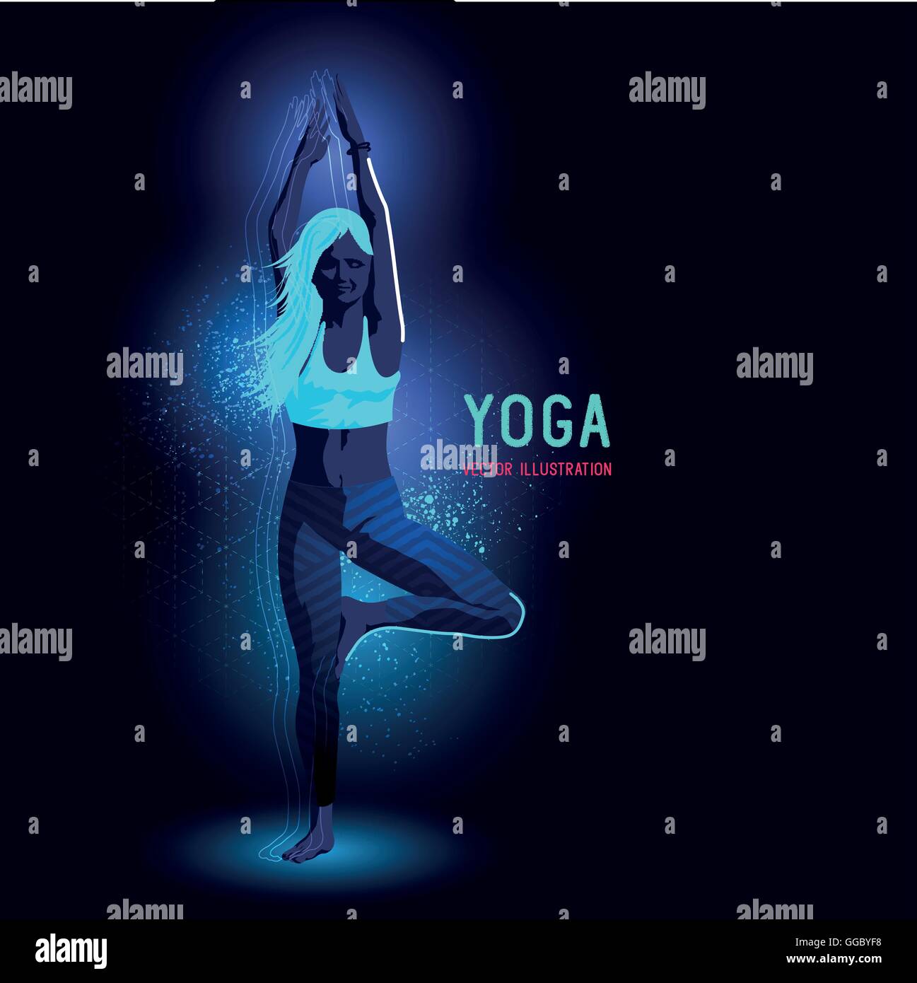 Neon leuchtende beleuchtete Silhouette einer jungen Dame in einem Yoga Position trainieren - Vektor-Illustration Stock Vektor