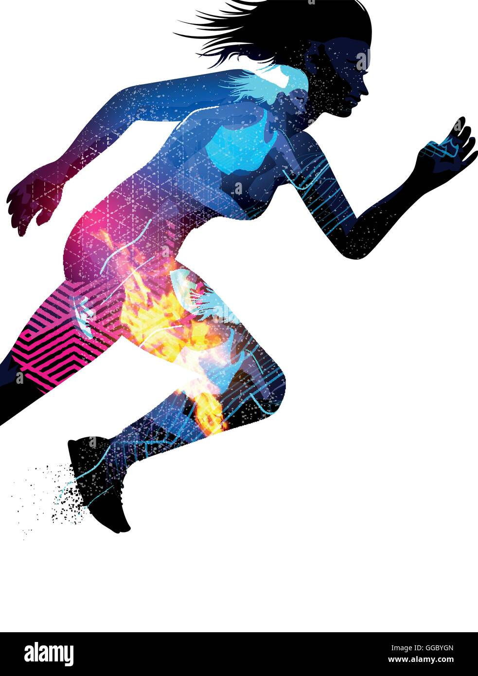 Doppelte Belichtung Effekt Vektor-Illustration eines laufenden Sport Frau mit Textur-Effekte. Stock Vektor