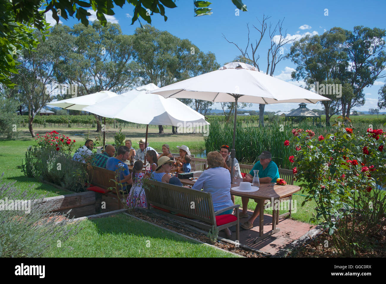 Gruppe von Menschen genießen Mittagessen di Lusso Weingut Mudgee NSW Australia Stockfoto