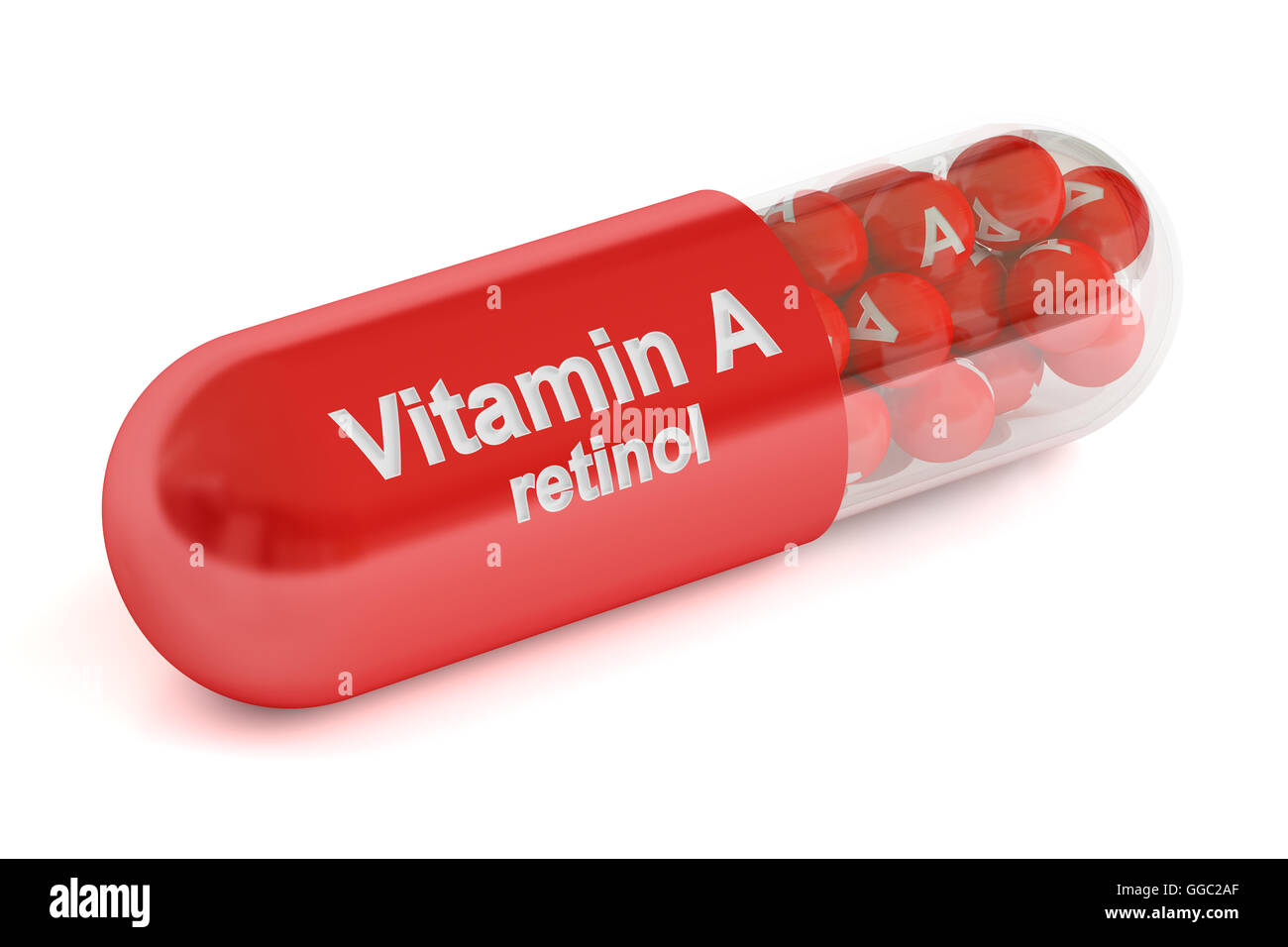Vitamin A Kapseln, 3D Rendering isoliert auf weißem Hintergrund Stockfoto