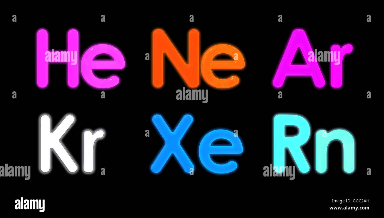 Er, Xe, Ne, Ar, Kr, Rn Element Symbol auf schwarzem Hintergrund isoliert Stockfoto