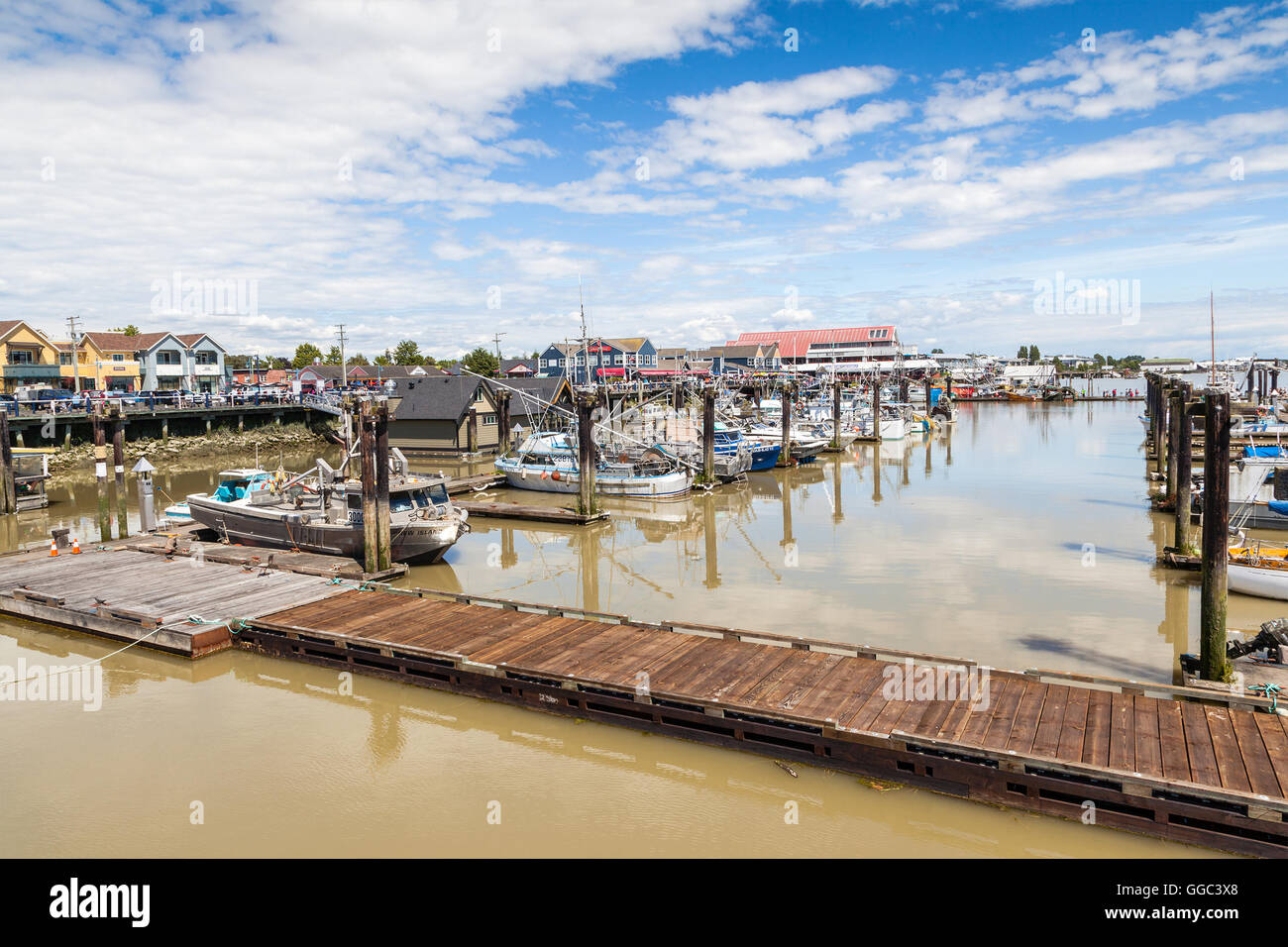 Dorf von Steveston Fishermans Wharf in Richmond, BC Stockfoto