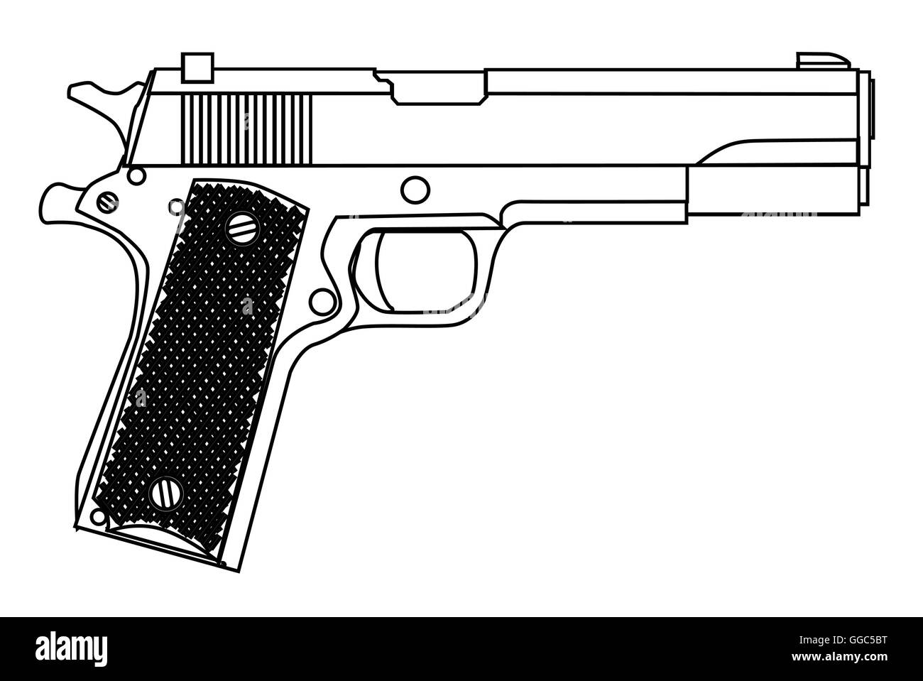 Eine typische 45 automatische Handfeuerwaffe isoliert auf weiss. Stock Vektor