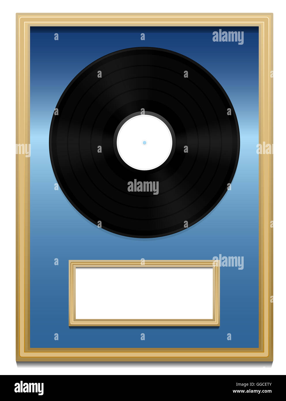 Vinyl-Schallplatte - Musikpreis mit unbeschrifteten Plakette in einem Goldrahmen auf blauem Grund. Stockfoto