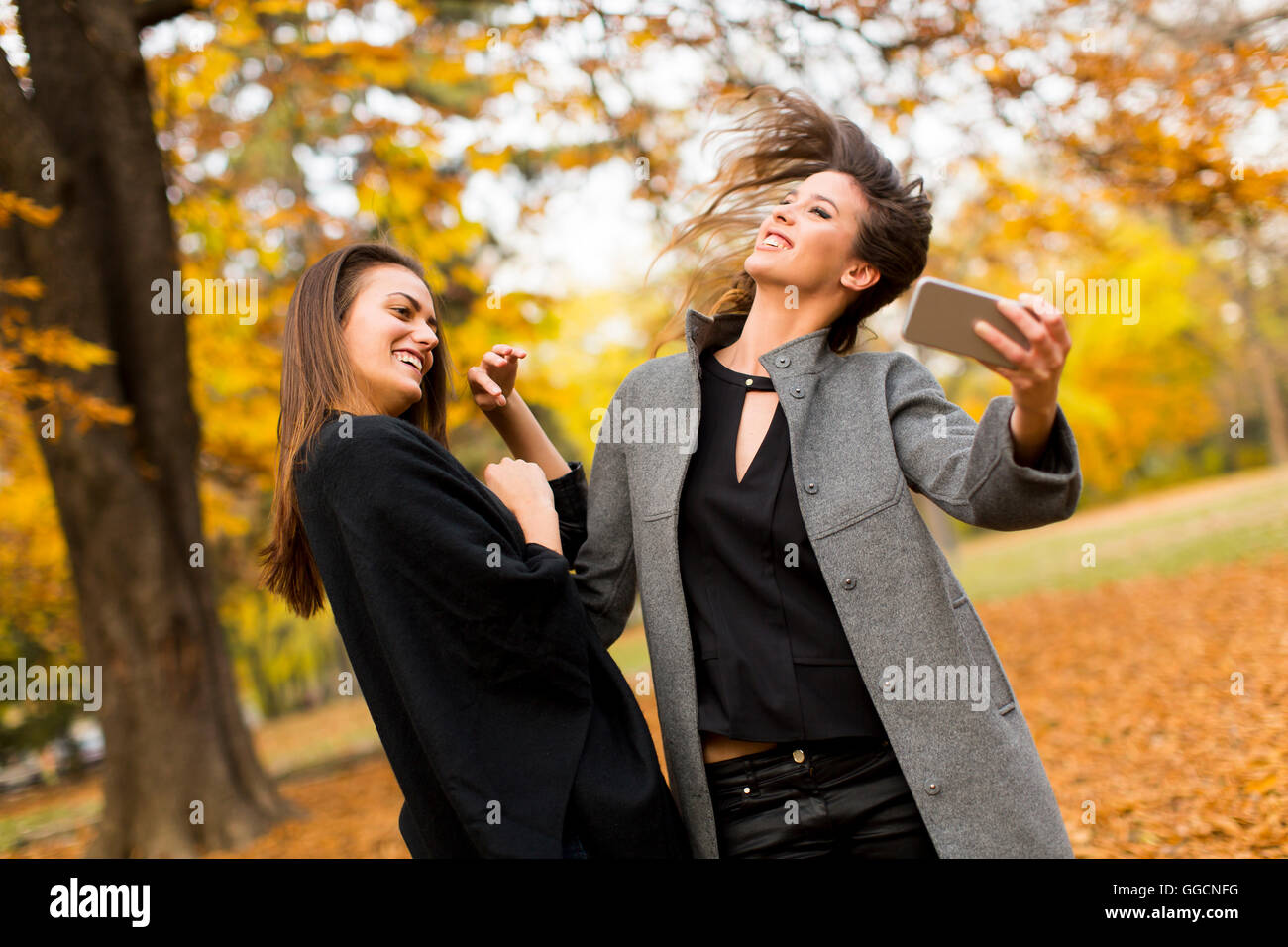 Junge Frauen, die die Selfie mit Handy in den herbstlichen Wald Stockfoto