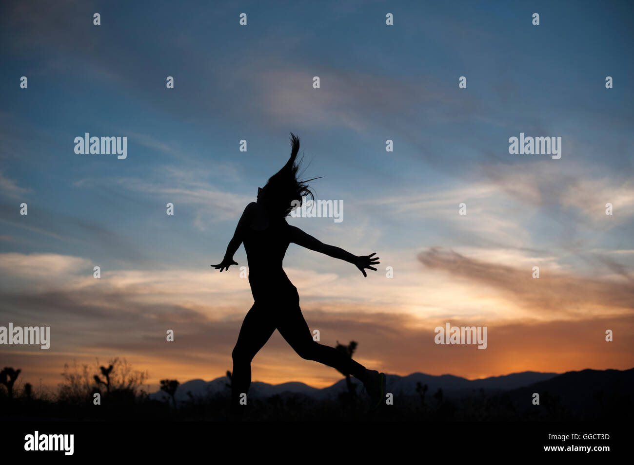 Frauen-Silhouette bei Sonnenuntergang in Joshua Tree, Kalifornien. Stockfoto