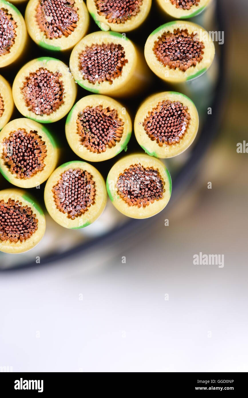 Gruppe von gelben und grünen Erde Kabel closeup Stockfoto