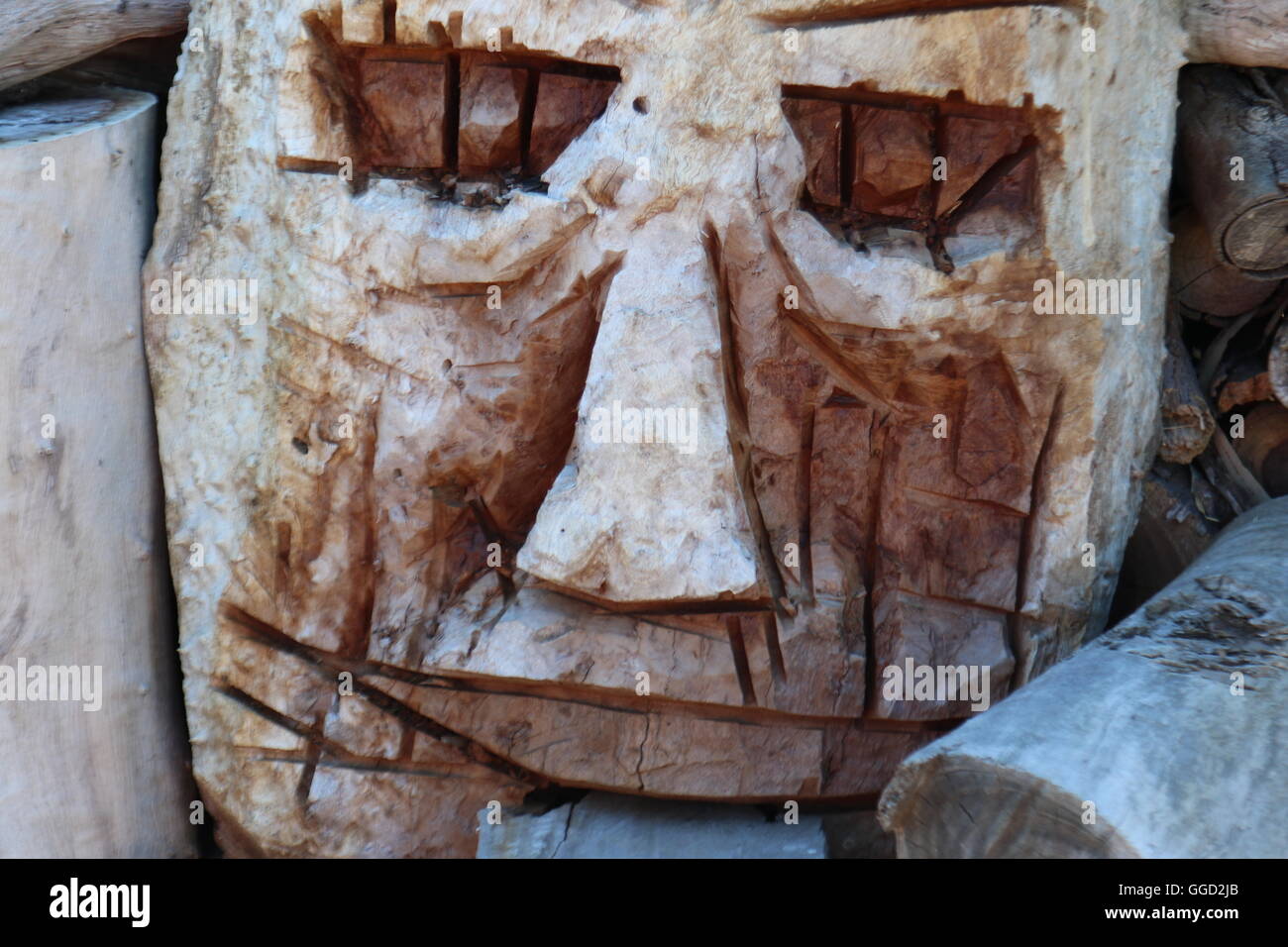 geschnitzte Holzfigur eines Gesichts in Bellwether Weine, Coonawarra, Australien Stockfoto