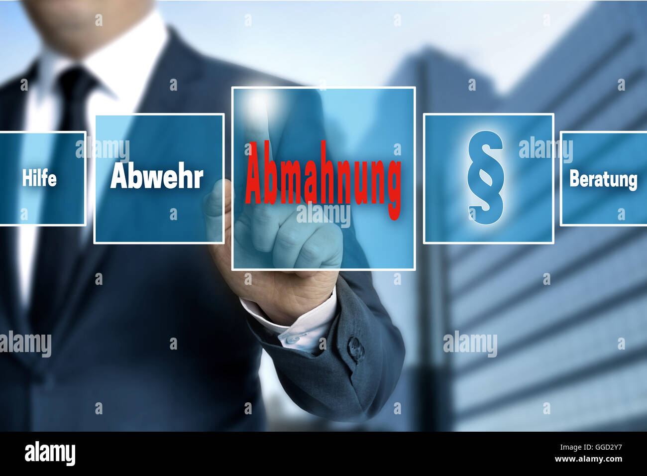 Abmahnung (in deutschen Warnung helfen, Verteidigung, Beratung) Touchscreen wird betrieben von dem Geschäftsmann. Stockfoto