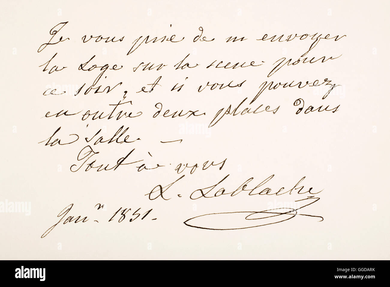 Luigi Lablache, 1794 – 1858. Italienische Opernsängerin des französischen und irischen Erbe. Hand-Schriftprobe und Unterschrift. Stockfoto