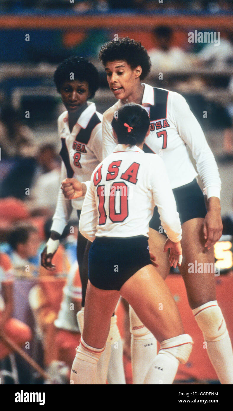 #8 Magers, #7 Hyman, #10 Green, USA 1984 Olympischen Volleyball Frauenmannschaft Stockfoto