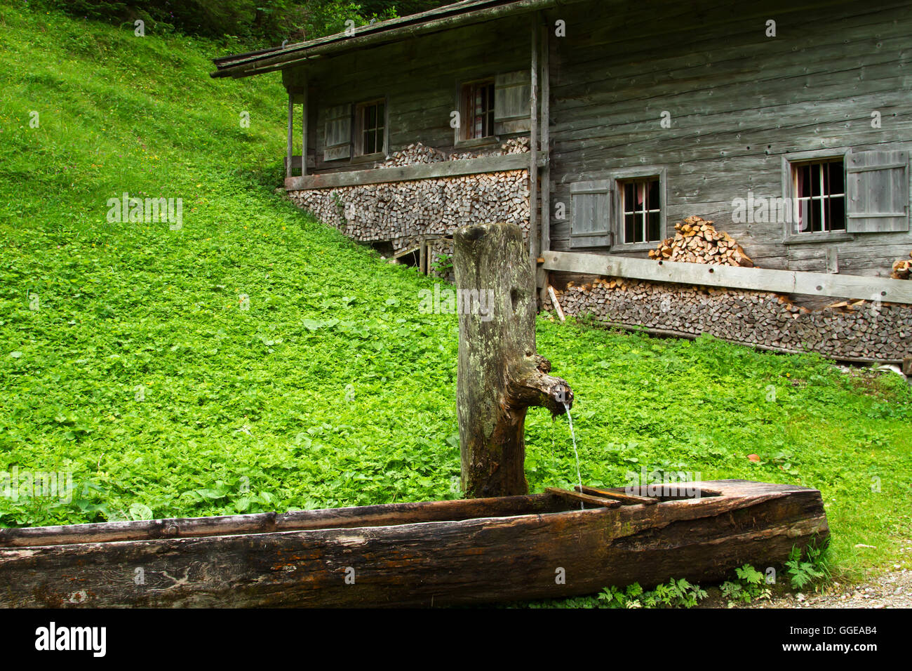 Landschaft mit hölzernen Brunnen und eine alte Hütte in der Nähe von Falzthurnalm. Achensee Lake Gebiet, Österreich, Tirol. Stockfoto