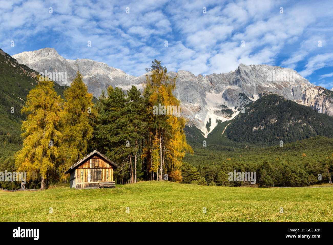 Herbstlandschaft des Miemenger Plateaus mit Gipfeln der Rocky Mountains im Hintergrund. Österreich, Europa, Tirol. Stockfoto