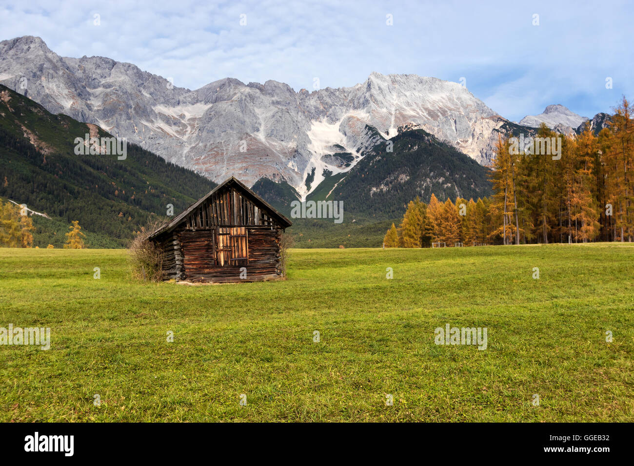 Ländliche Herbstlandschaft des Miemenger Plateaus mit Gipfeln der Rocky Mountains im Hintergrund. Österreich, Europa, Tirol. Stockfoto