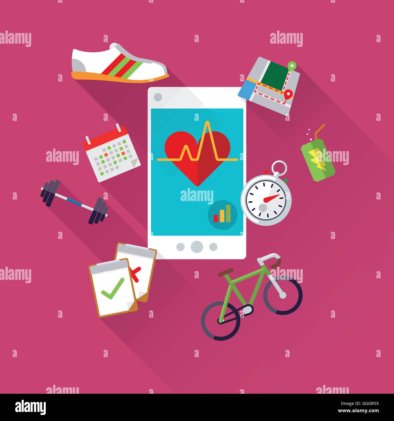 Mobile Gesundheit tracking-Konzept-Vektor-Illustration mit Smartphone, Sport-Ausstattung und Anwendung Symbole Stock Vektor