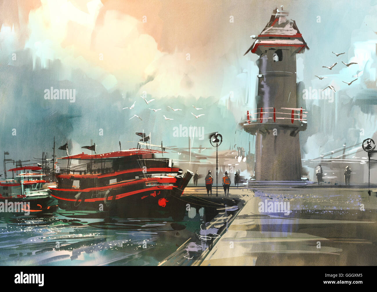 Fischerboot im Hafen, digitale Malerei Stockfoto