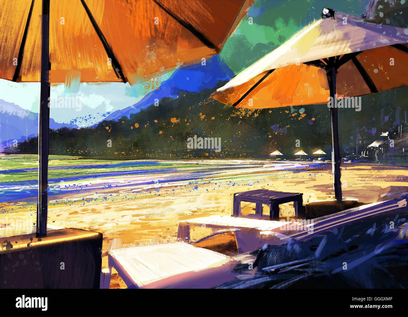 Bunte Gemälde der Sonnenschirme und Liegestühle am Strand Stockfoto