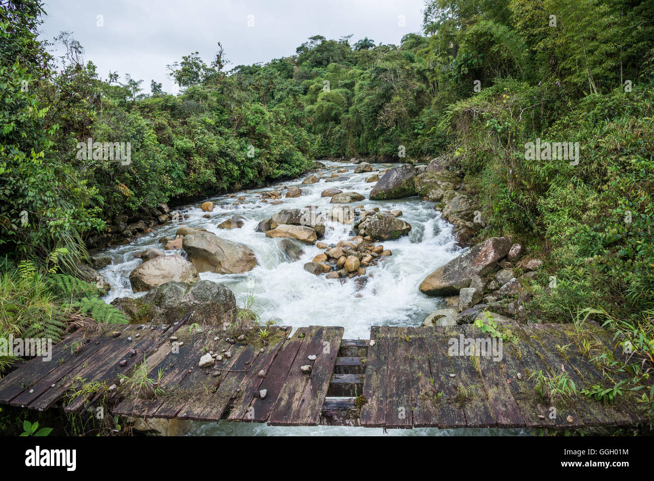 Eine Holzbrücke über tückischen Fluss gebrochen. Ecuador, Südamerika. Stockfoto