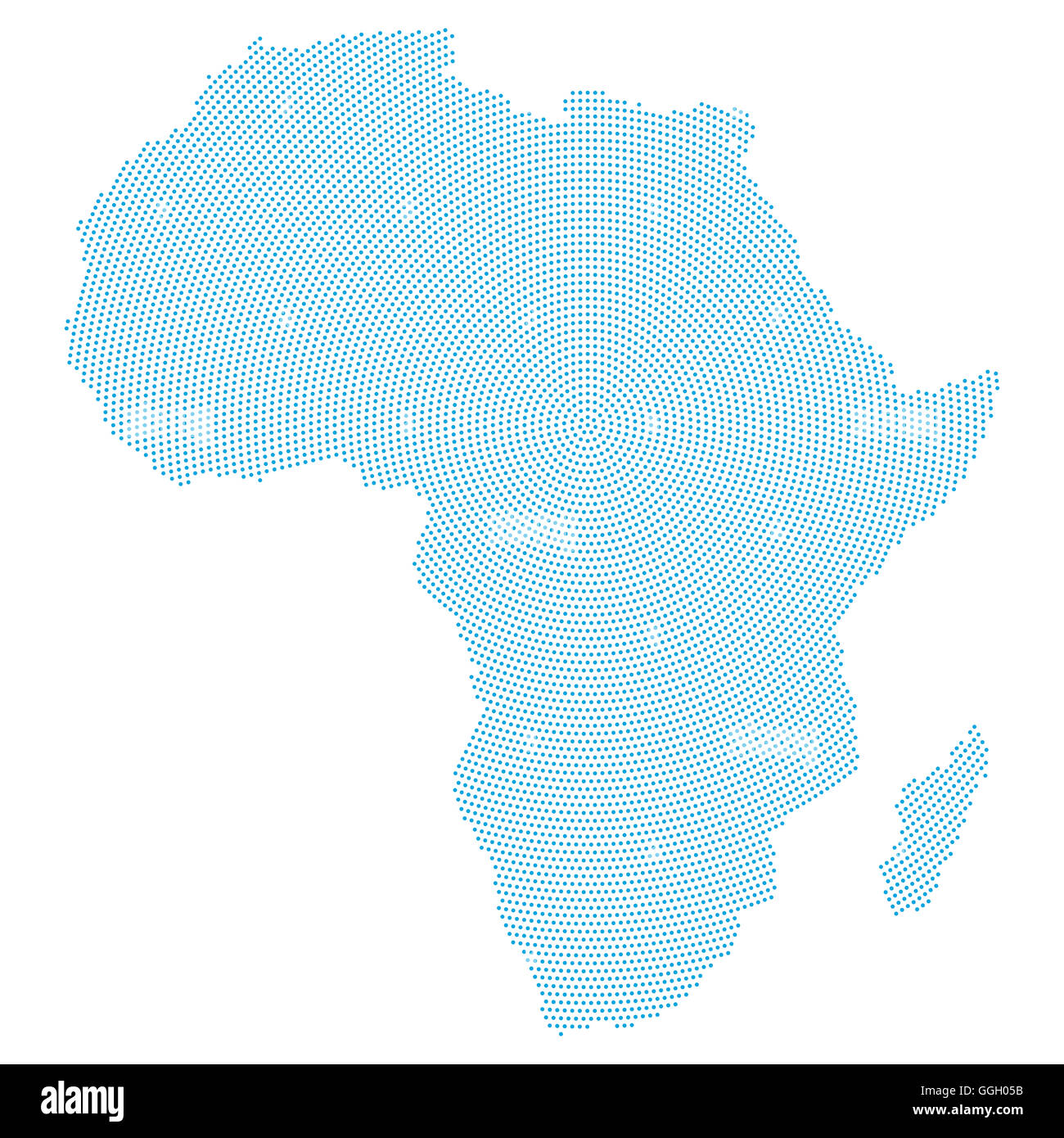 Afrika Karte radial Punktmuster. Blaue Punkte gehen von der Mitte nach außen und bilden die Silhouette des afrikanischen Kontinents Bereich. Stockfoto