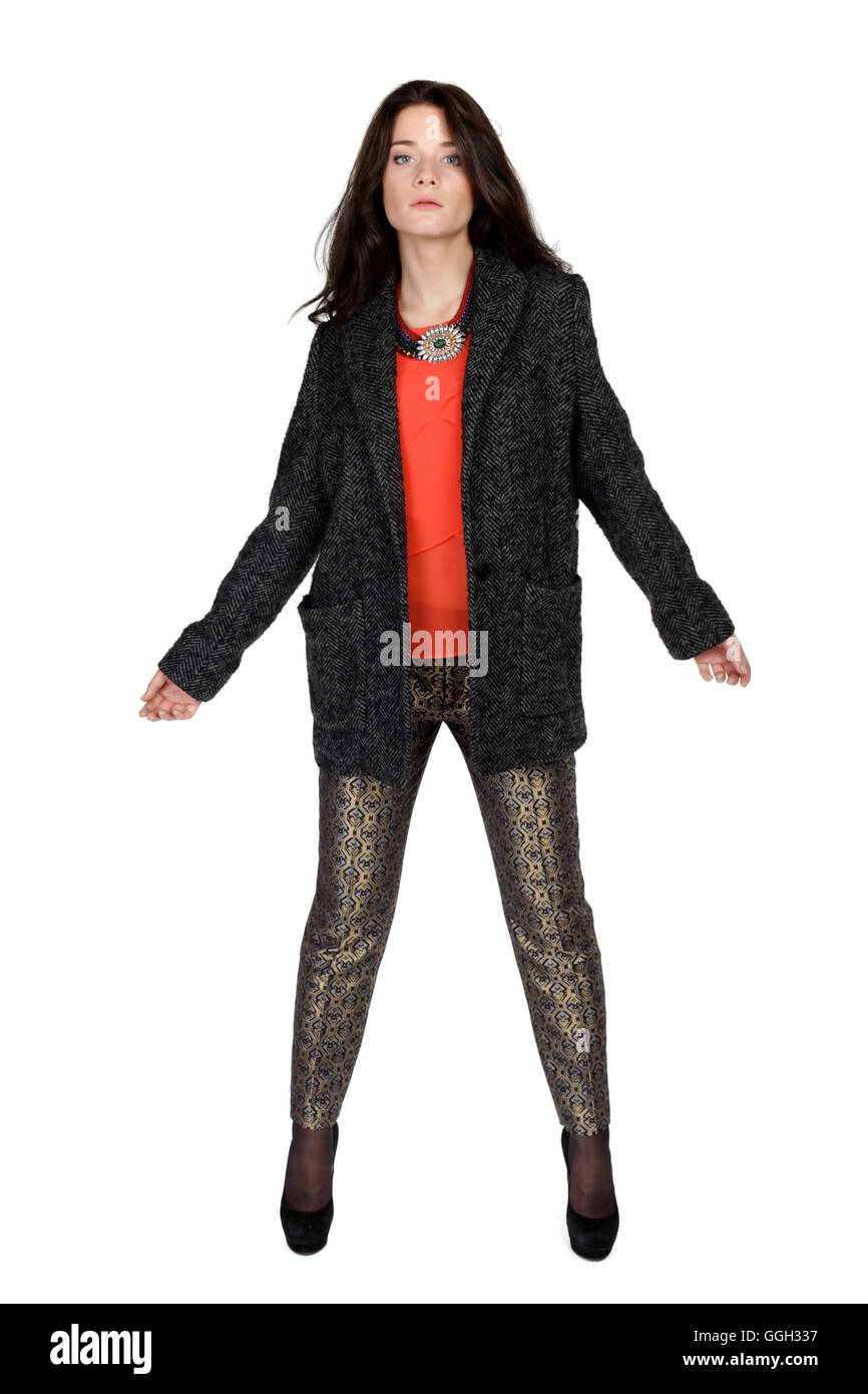 Mode-Porträt eines Mädchens in Hosen und Herbst Mantel Stockfoto