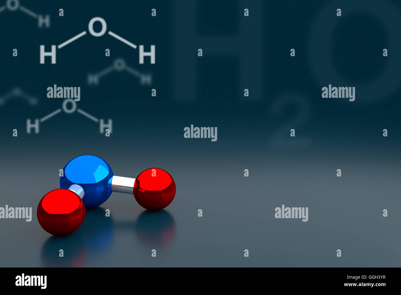 3D-Rendering Wasser oder H2O Molekül Hintergrund. Stockfoto