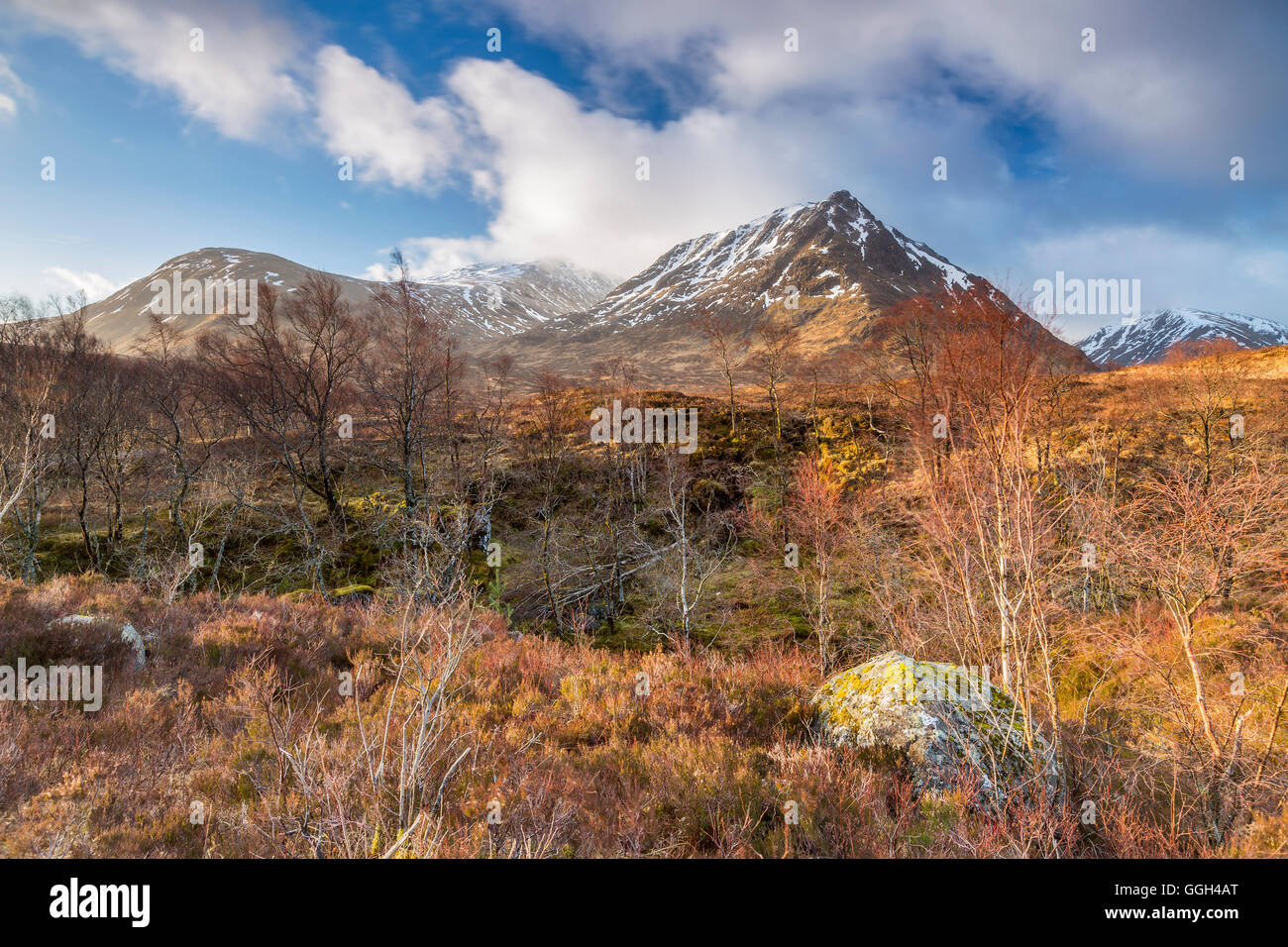 SRON Na Creise & Stob ein ' Ghlais Choire und Fluss Coupall bei Glen Etive, Highlands, Schottland, Vereinigtes Königreich, Europa. Stockfoto