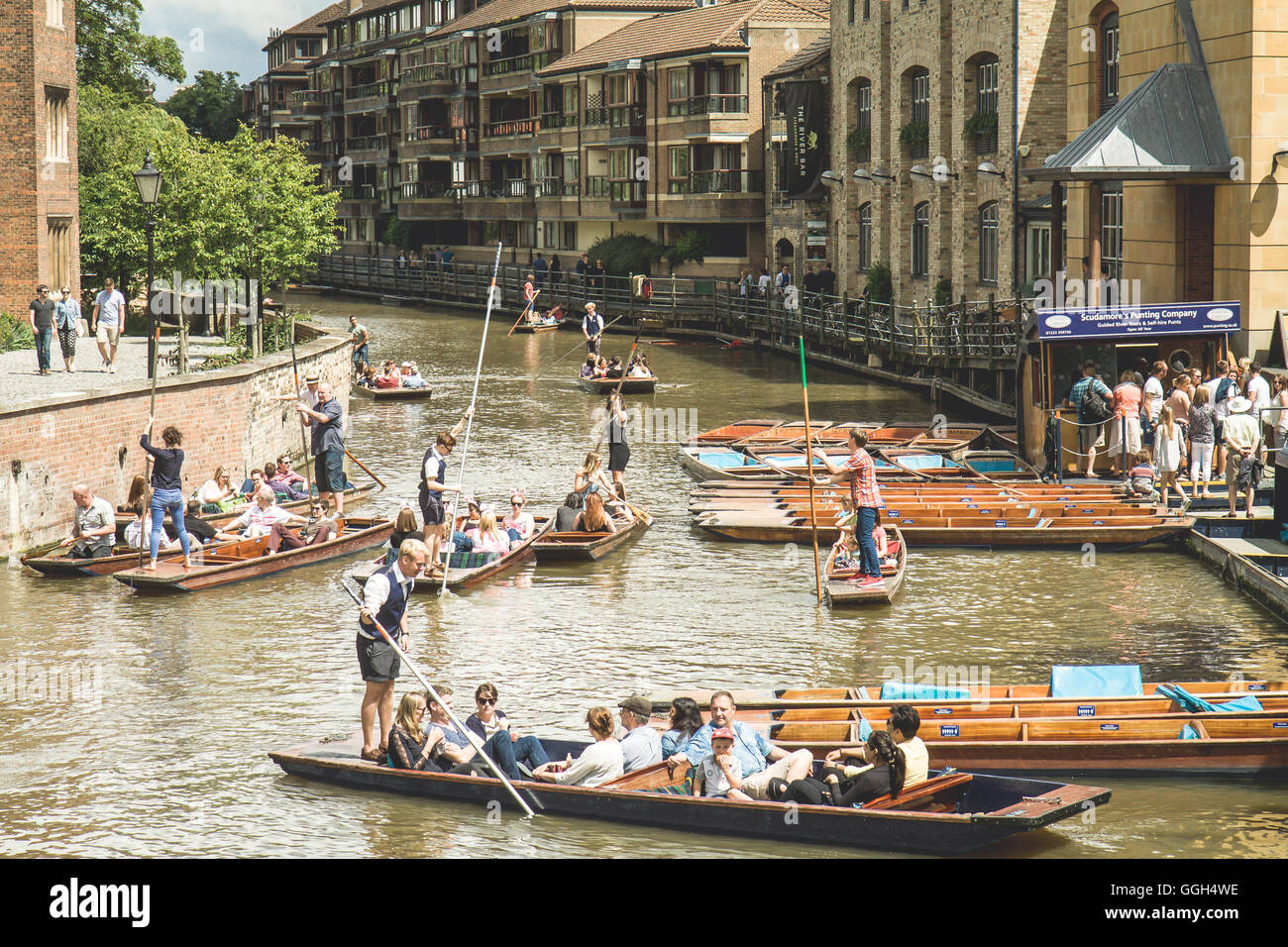 Cambridge-Blick auf den Fluss und die Leute, die Spaß an einem sonnigen Tag Stechkahn fahren Stockfoto