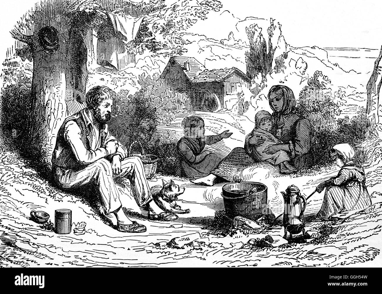 Eine Armut geplagten Familie Englisch Landstreicher (oder genauer gesagt - Obdachlose) im 19. Jahrhundert. Stockfoto