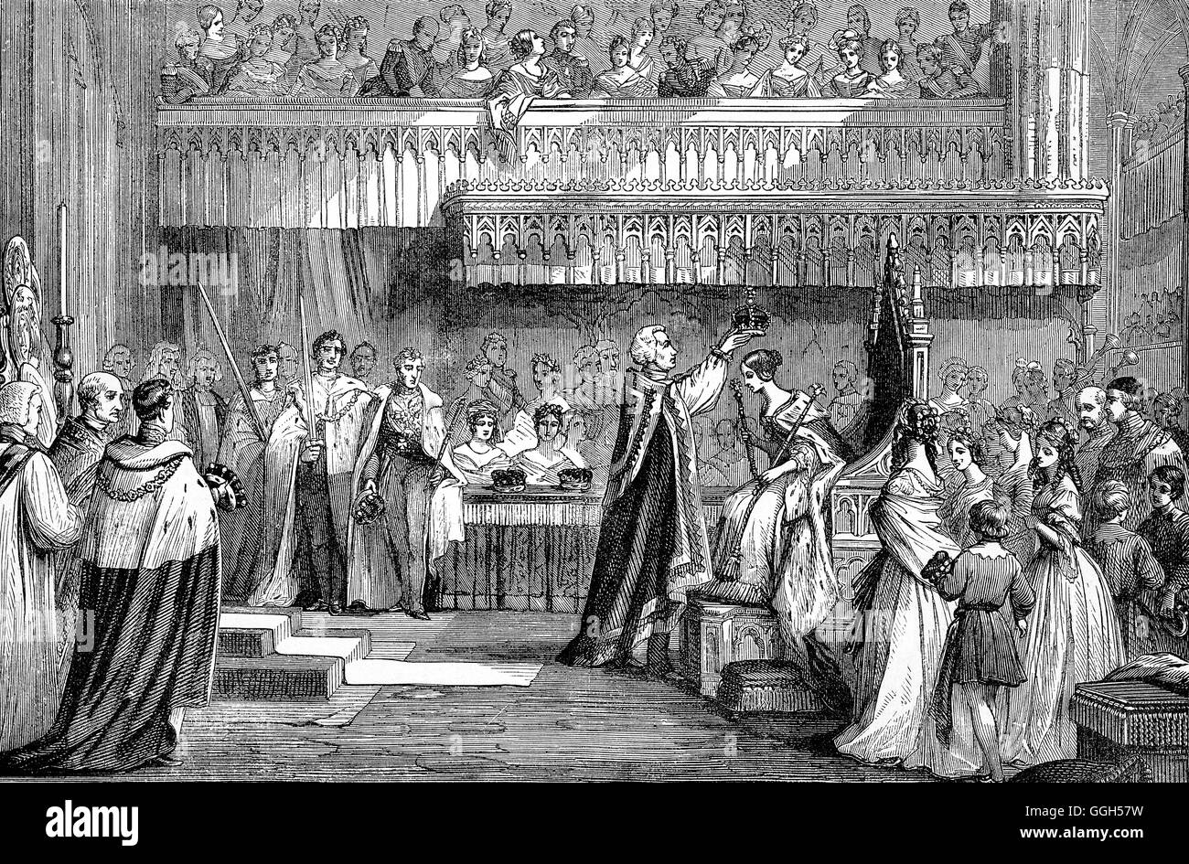 Die Krönung von Königin Victoria fand am 28. Juni 1838, etwas mehr als ein Jahr, nachdem sie im Alter von 18 Jahren den Thron bestieg. Der Umzug von und nach der Zeremonie in der Westminster Abbey wurde von beispiellos riesige Menschenmengen, als die neue bezeugt Eisenbahn erleichtert eine geschätzte 400.000 vom Rest des Landes nach London kommen Stockfoto