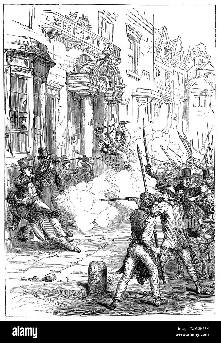 Die Newport Rising war die letzte große bewaffnete Rebellion gegen Autorität in Großbritannien und eines der größten zivilen Massaker durch die britische Regierung im 19. Jahrhundert.  Auf 4. November 1839, fast 10.000 Chartistischen Sympathisanten, darunter viele Bergleute um Kollegen Chartisten zu befreien, die Gefangenschaft im Westgate Hotel in Newport, Monmouth gemeldet wurden. Etwa 22 unbewaffnete Demonstranten wurden getötet, als Truppen eröffneten das Feuer auf sie. Die Führer des Aufstandes wurden zum Tod des Verräters, später pendelte, Transport für das Leben verurteilt. Stockfoto Die Newport Rising war die letzte große bewaffnete Rebellion gegen Autorität in Großbritannien und eines der größten zivilen Massaker durch die britische Regierung im 19. Jahrhundert.  Auf 4. November 1839, fast 10.000 Chartistischen Sympathisanten, darunter viele Bergleute um Kollegen Chartisten zu befreien, die Gefangenschaft im Westgate Hotel in Newport, Monmouth gemeldet wurden. Etwa 22 unbewaffnete Demonstranten wurden getötet, als Truppen eröffneten das Feuer auf sie. Die Führer des Aufstandes wurden zum Tod des Verräters, später pendelte, Transport für das Leben verurteilt. Stockfoto