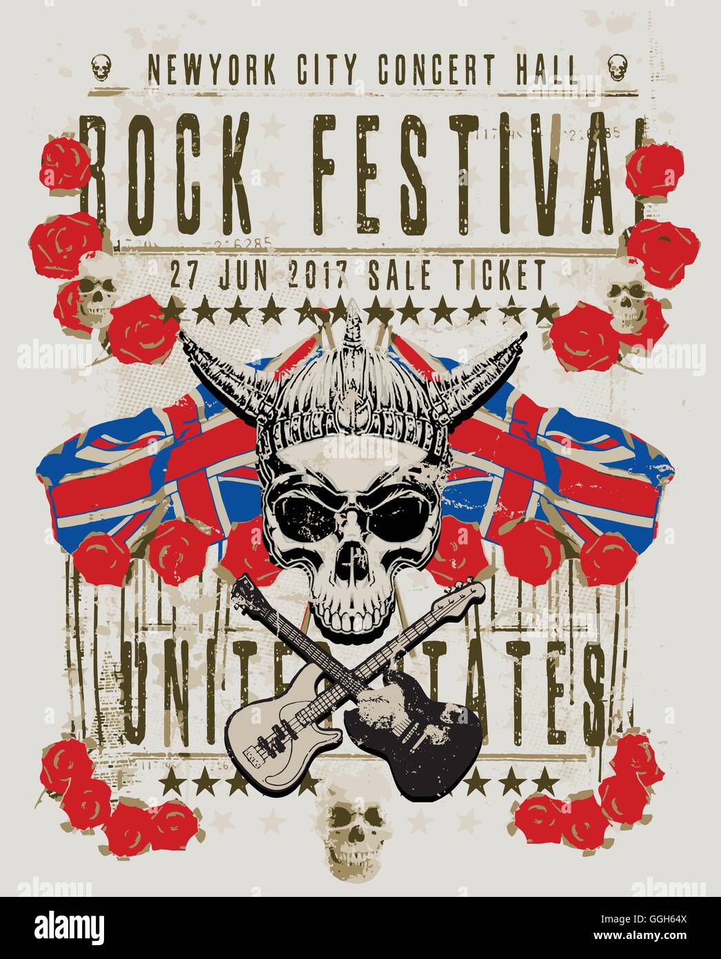 Plakat für ein Rockfestival mit Totenkopf und Gitarre Stock Vektor