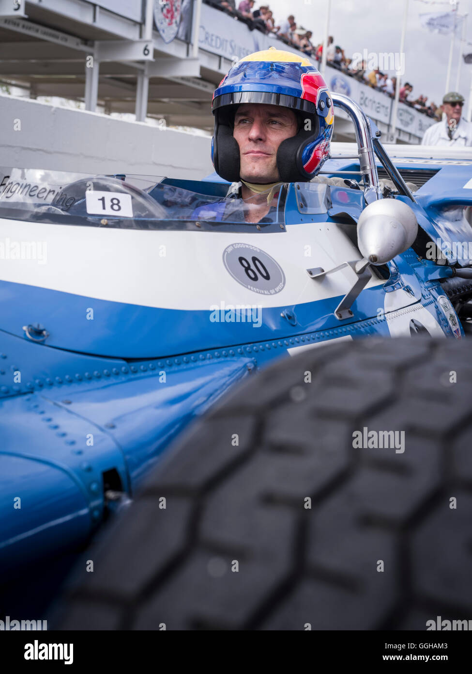 Mark Webber, Formel-1-Fahrer, Goodwood Revival 2014, Racing Sport, Oldtimer, Goodwood, Chichester, Sussex, England, groß B Stockfoto
