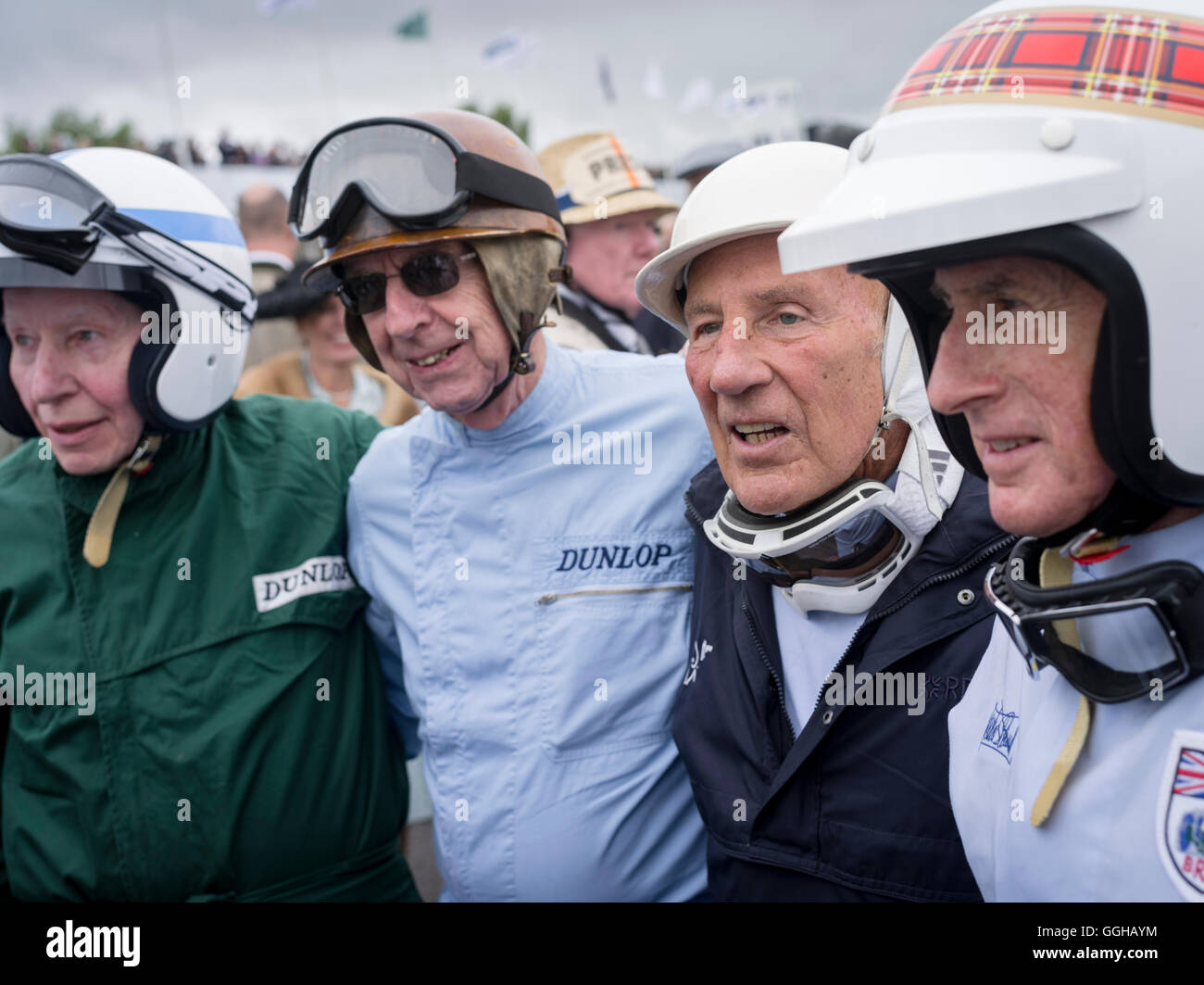 John Surtees (L), Tony Brooks (2 L), Sir Stirling Moss (2 R), Sir Jackie Stewart, Jim Clark Parade, Goodwood Revival, racing, ca Stockfoto