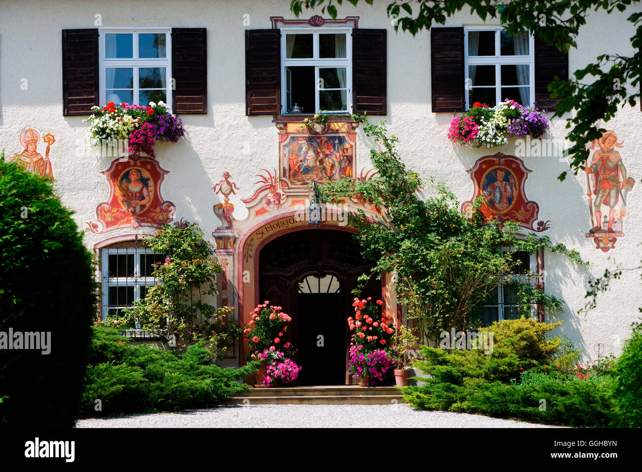 Bauernhaus mit traditionellen Wandmalereien, Bernried, Starnberger See, Upper Bavaria, Bavaria, Germany Stockfoto