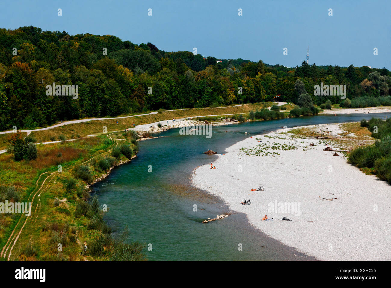 Fluss Isar, Grosshesselohe, München, Upper Bavaria, Bayern, Deutschland Stockfoto
