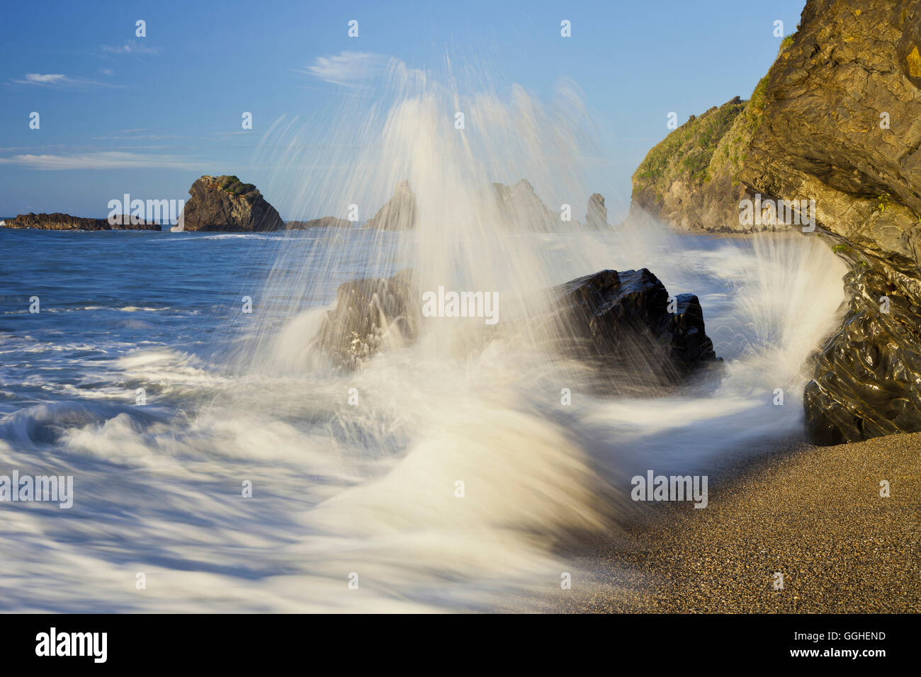 Wellen an den Strand am Ship Creek, West Coast, Tasmansee, Südinsel, Neuseeland Stockfoto